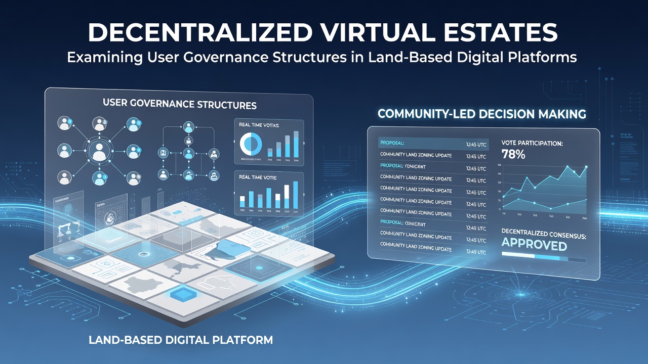 Users reviewing governance proposals on interactive dashboards displaying land parcels and voting statistics