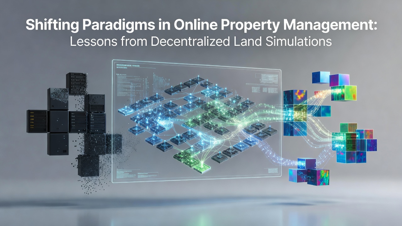 Infographic comparing centralized property databases with decentralized simulation ledgers highlighting efficiency gains in transaction processing